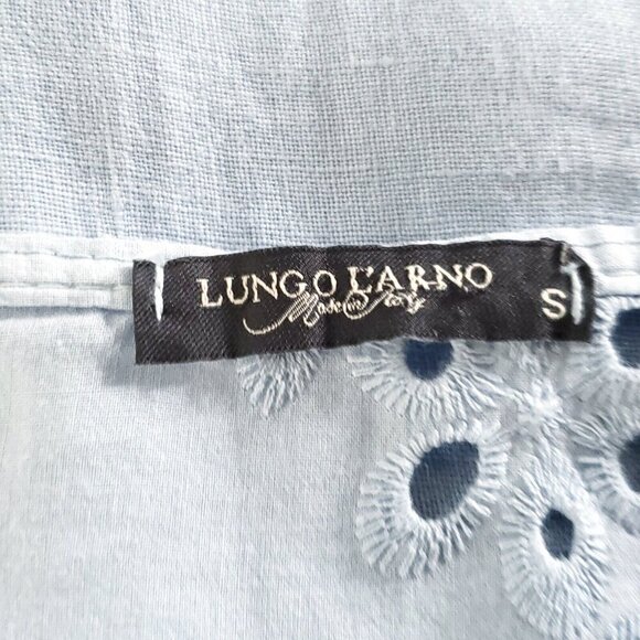Lungo L'arno Linen Embroidered Eyelet Top S Blue Roll Tab Sleeve Italy Lagenlook - Picture 4 of 5